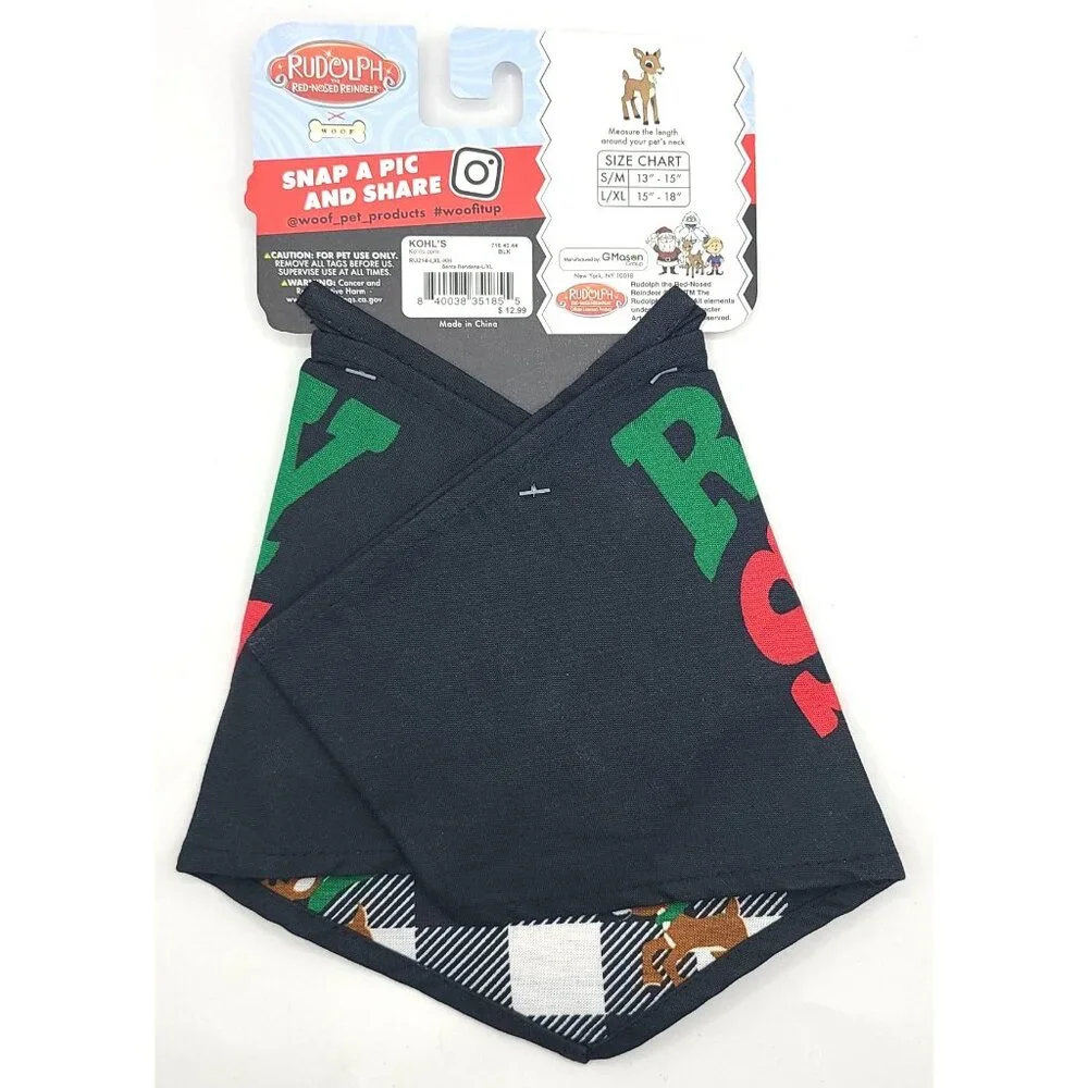 Rudolph The Red-Nosed Reindeer L/XL Pet Bandana Ready Santa Reversible 2 Designs